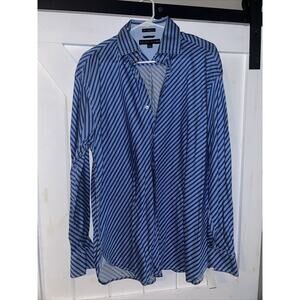 Tommy Hilfiger Mens Large. 100's 2 Ply Blue Striped Diagonal Button Up